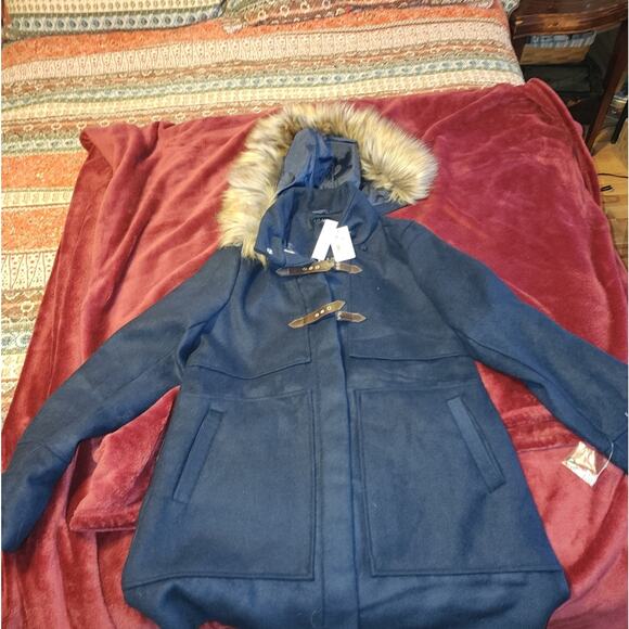 COFFEE SHOP NWT WOMENS WOOL BLEND FAUX FIR TRIMMED DUFFLE COAT. SIZE MED . - Picture 1 of 7